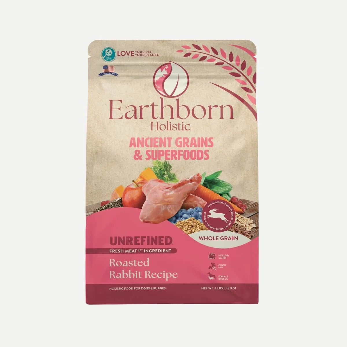 Dog Food Earthborn Unrefined Roasted Rabbit Ancient Grain Bag - Main Feature View | Majestic Pet Kingdom