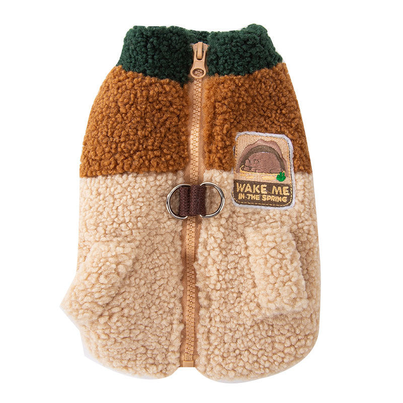 Wake Me In The Spring Squirrel Patch Pet Fleece Jacket, Color-Block Dog Coat With Leash Ring  Pockets