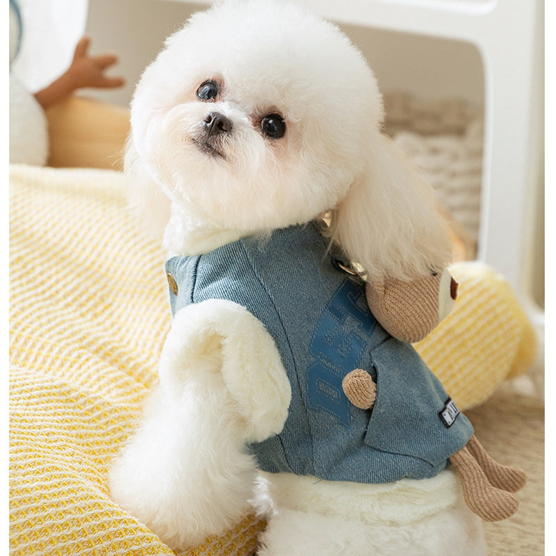 Autumn And Winter Korean-style Dog Pocket Three-dimensional Bear, Denim Towing Vest, Cat Cotton Coat, Warm Pet Dog Clothes - Majestic Pet Kingdom