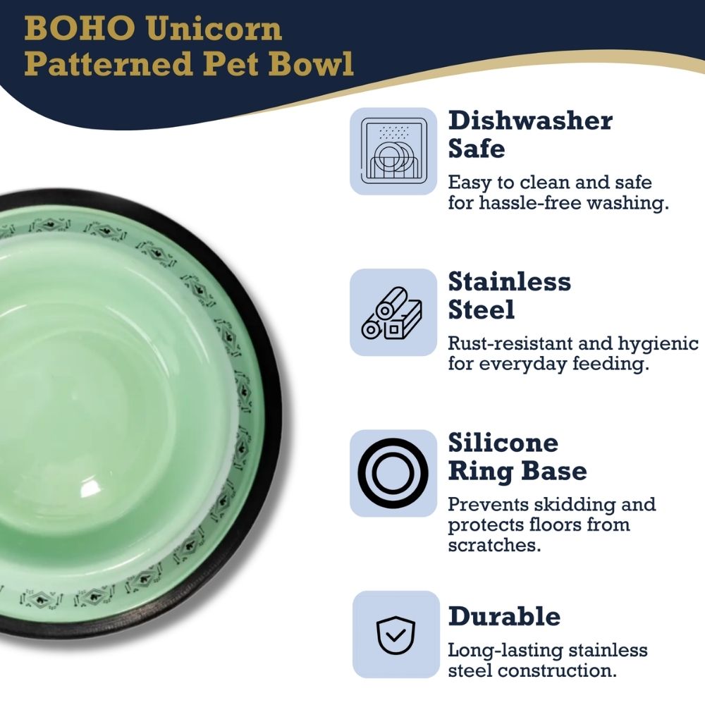 Non-Skid Boho Stainless Steel Dog Bowl with Unicorn Print