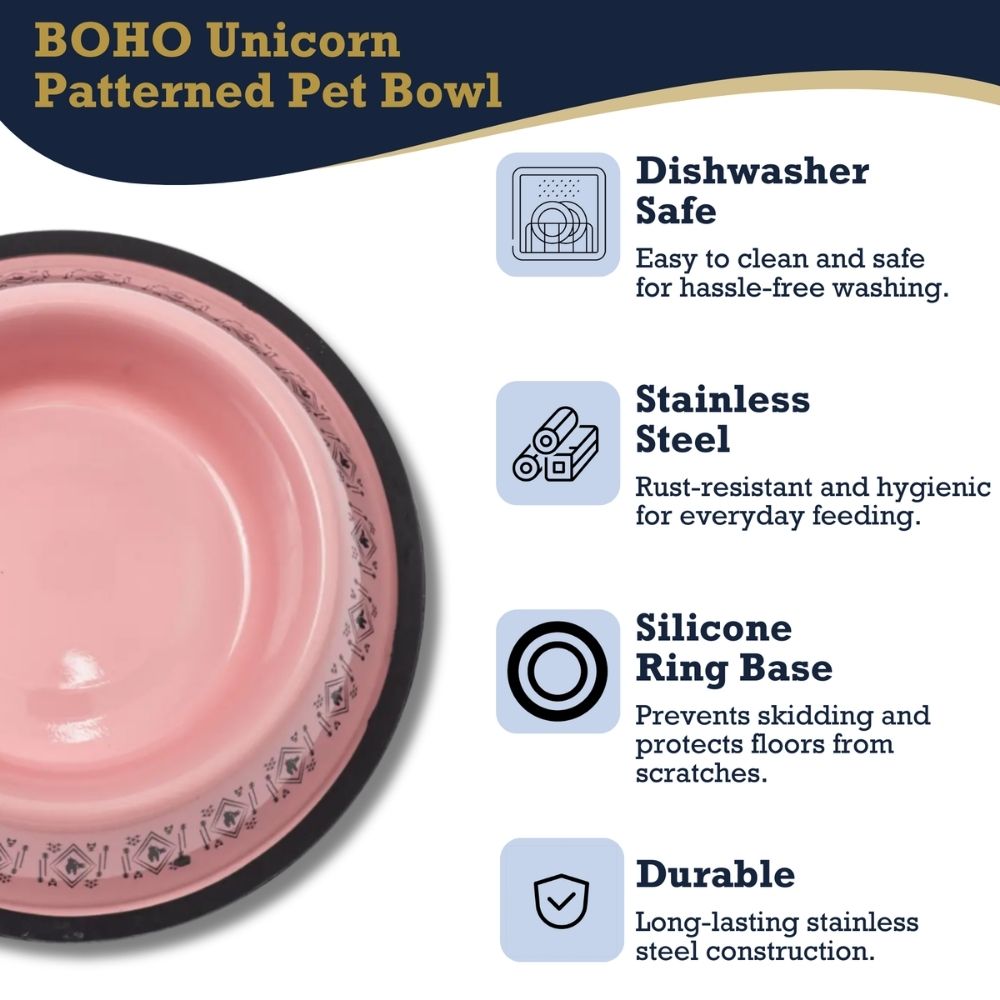 Non-Skid Boho Stainless Steel Dog Bowl with Unicorn Print