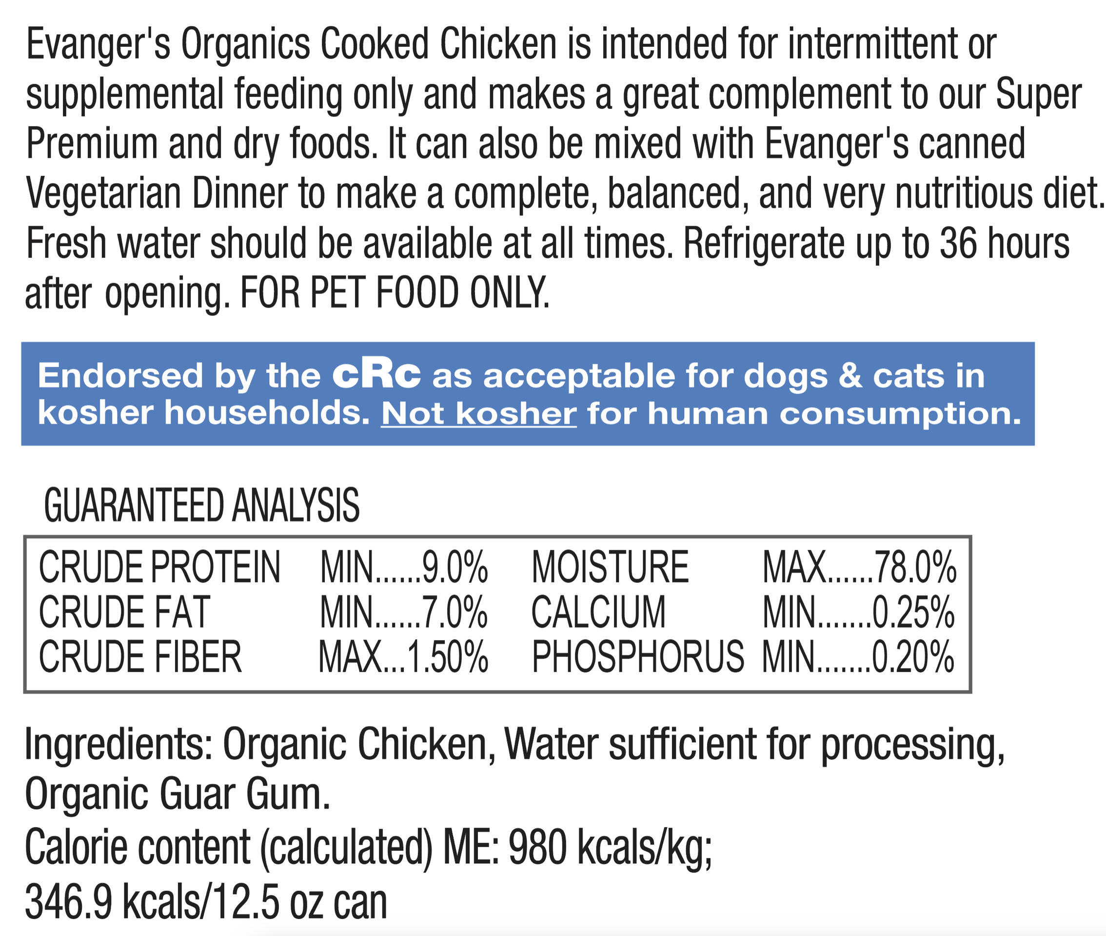 Evanger's Organics All Life Stages Cooked Chicken Wet Dog Can (12.5oz) - Majestic Pet Kingdom