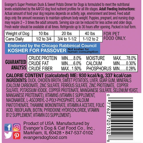 Evanger's Super Premium All Life Stages Duck & Sweet Potato, Limited Ingredient Wet Dog Can (12.5oz) - Majestic Pet Kingdom