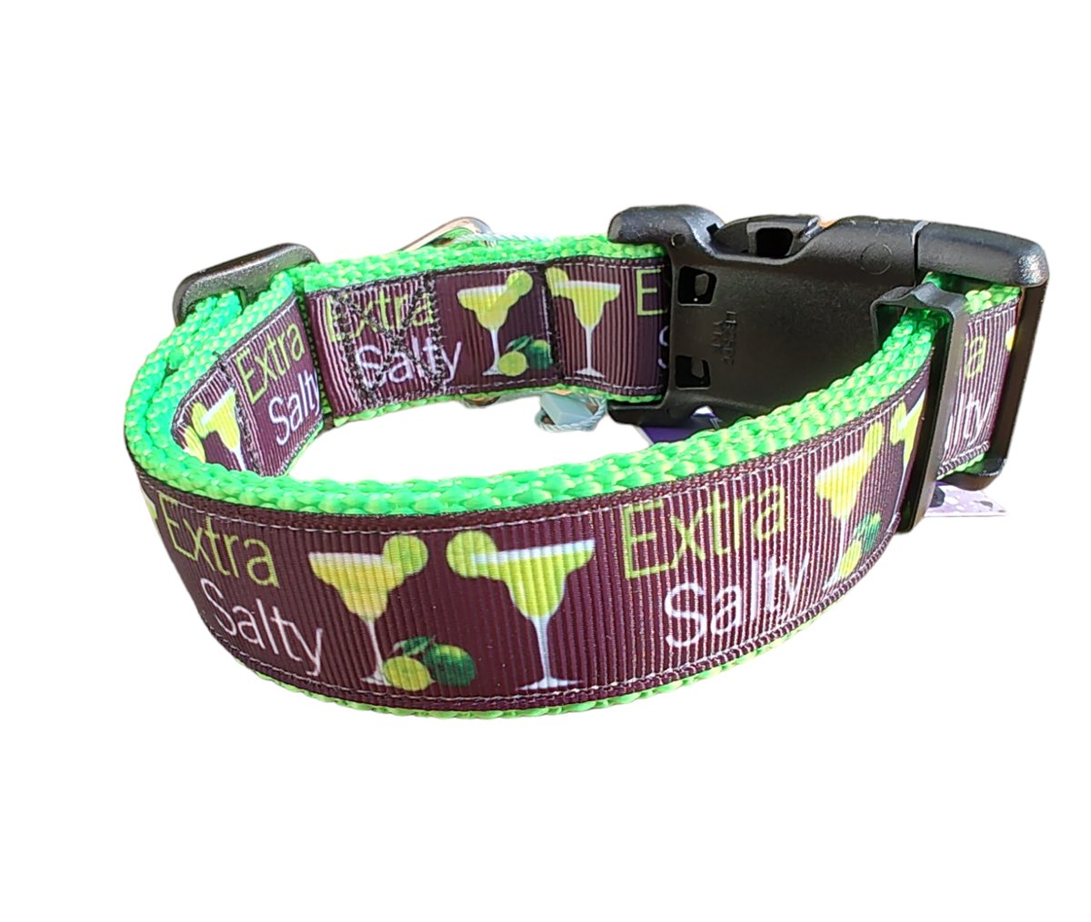 Dog Collar Extra Salty Margarita Neon Green Cocktail Nylon Strap - Detail Angle 3 | Majestic Pet Kingdom