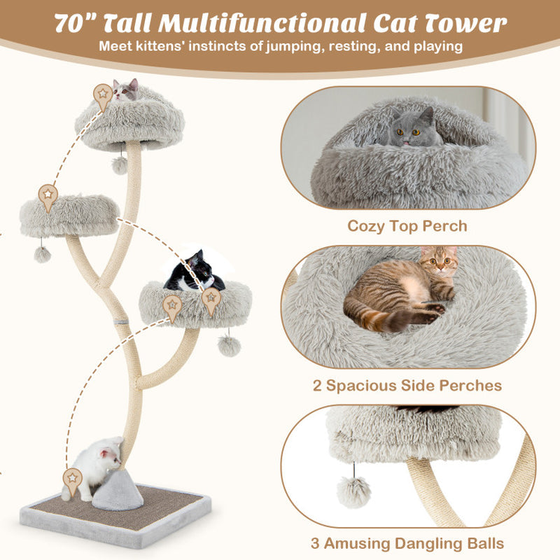 70" Tall Metal Cat Tree Tower with 3 Plush Perches & Sisal Scratching Posts - Majestic Pet Kingdom