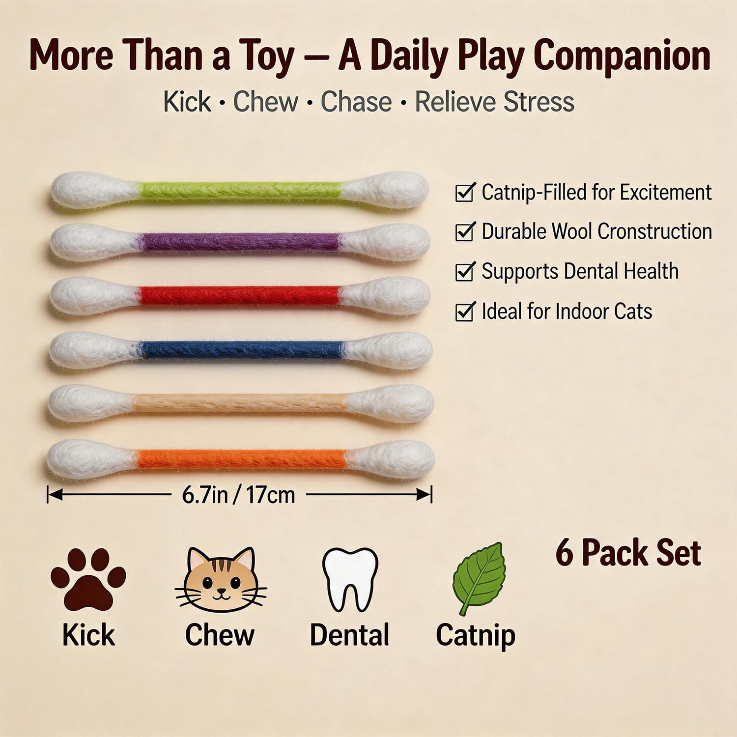 Cat Toy Giant Q-Tip Catnip Felt Chew Sticks Kicker 6-Pack Set - Detail Angle 3 | Majestic Pet Kingdom