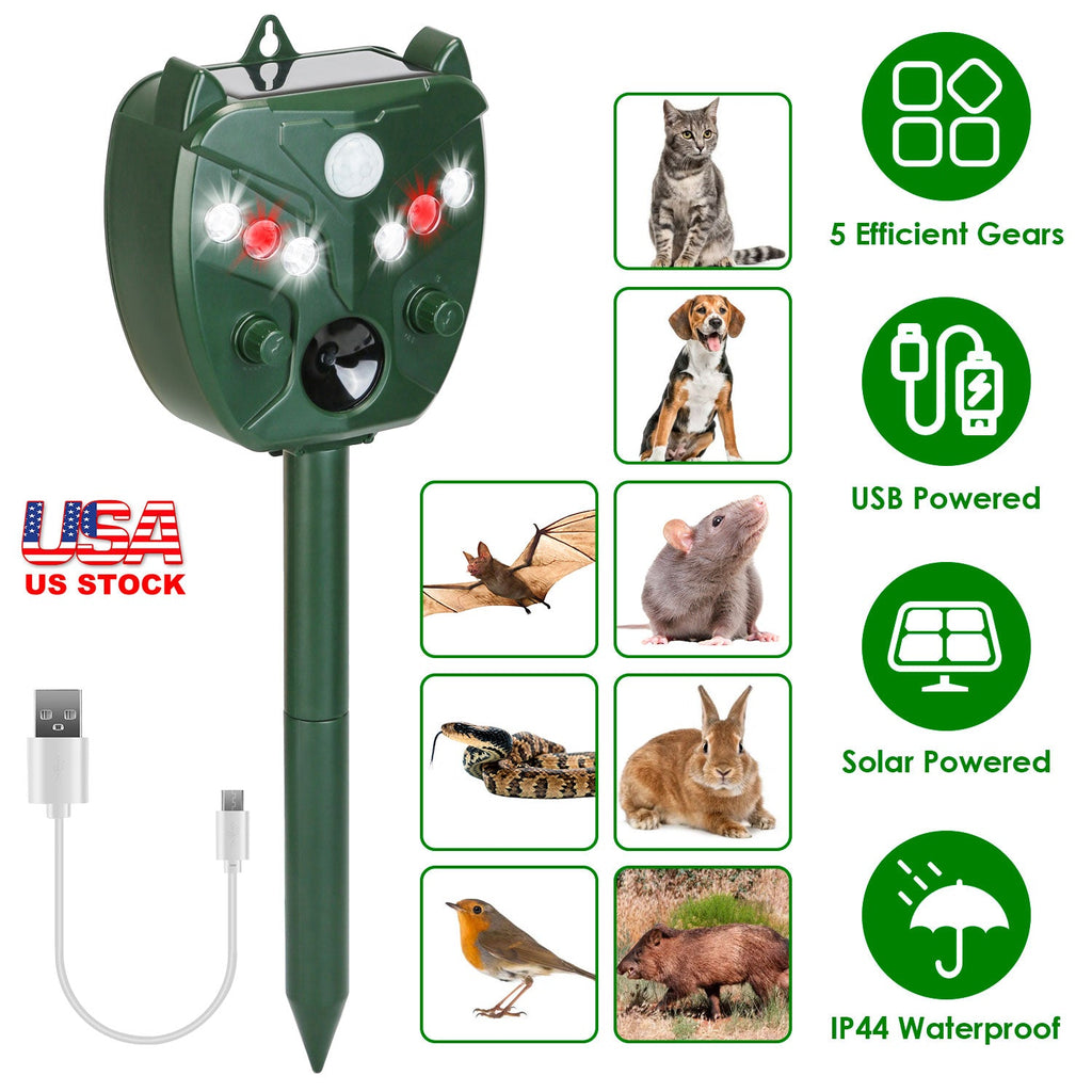 Ultrasonic Solar Animal Repeller Outdoor Mole Snake Squirrel Mouse Chaser Waterproof Bird Deer Dog Cat Deterrent with 5 Gears for Farm Garden Yard - Majestic Pet Kingdom