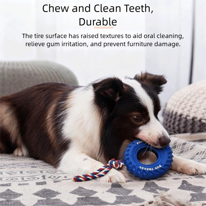 Dog Chew Toy Rubber Tire with Heavy Duty Tug of War Pull Rope - Detail Angle 5 | Majestic Pet Kingdom