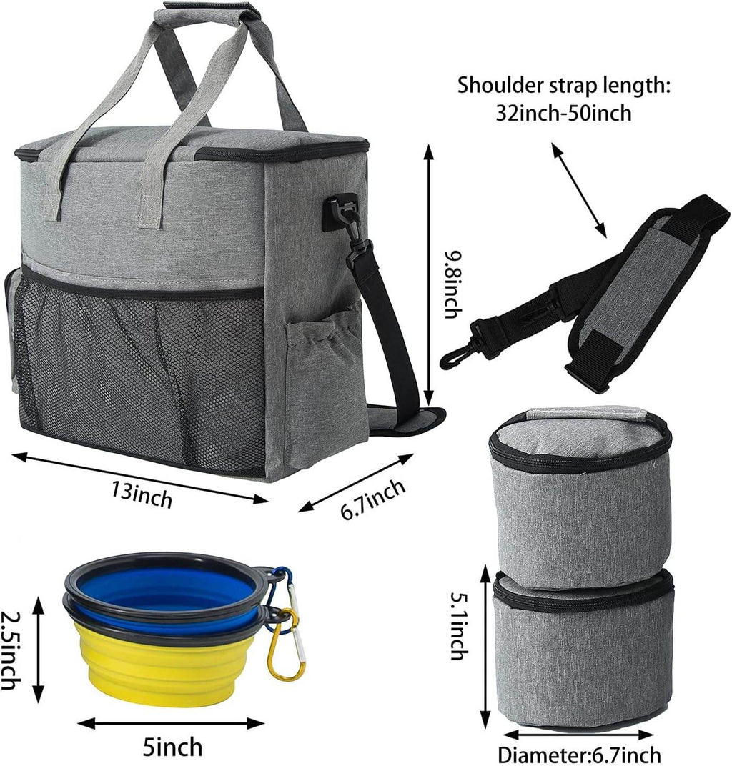 Dog Travel Bag Airline Approved Travel Set for Dogs of Stores All Your Dog Accessories - Includes Travel Bag, 2X Food Storage Containers and 2X Collapsible Dog Bowls (Grey) - Majestic Pet Kingdom