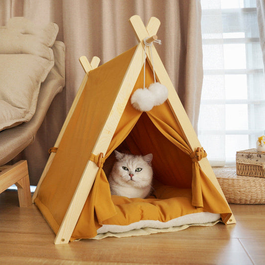 Cat Tent Bed Washable Striped Canvas Wood Frame Canvas - Majestic Pet Kingdom