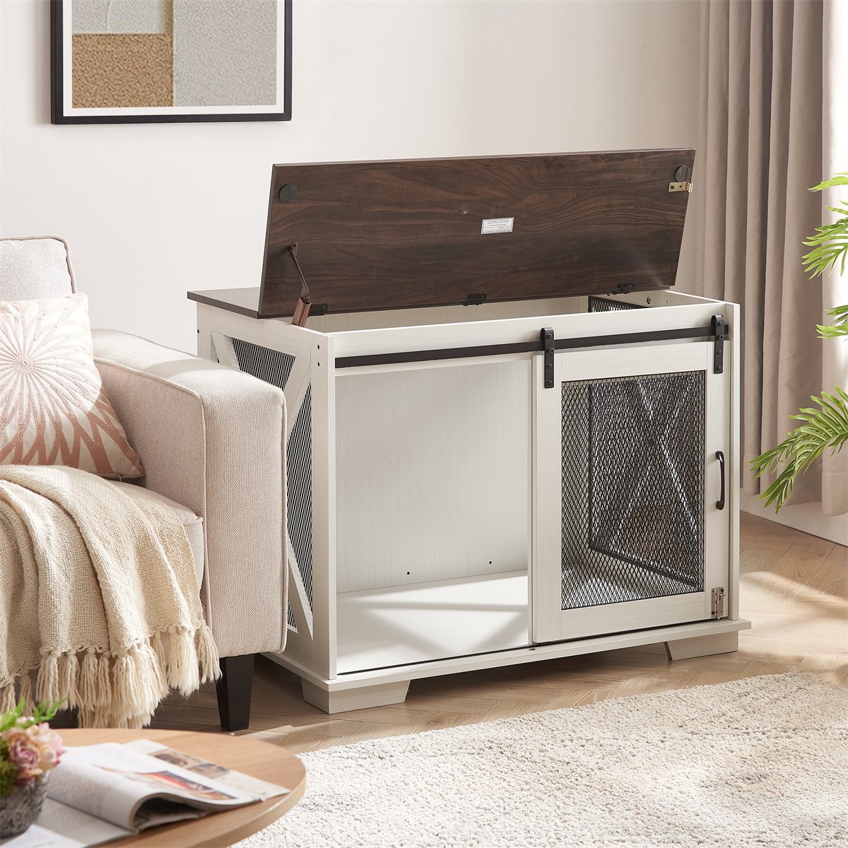 Dog Crate Furniture Farmhouse Sliding Barn Door Kennel End Table - Detail Angle 3 | Majestic Pet Kingdom