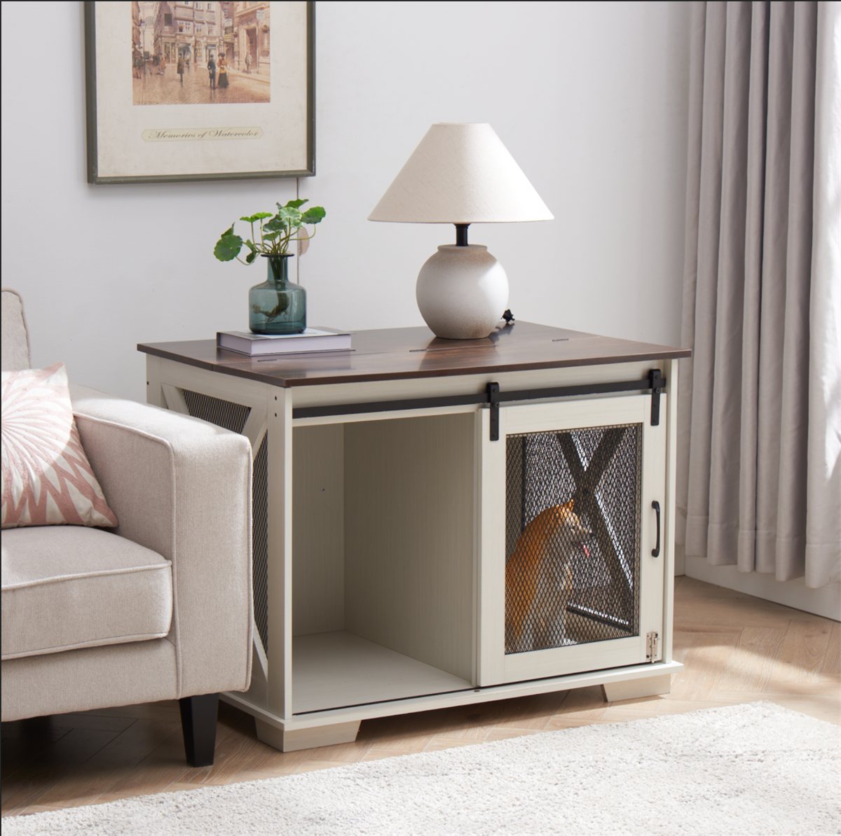 Dog Crate Furniture Farmhouse Sliding Barn Door Kennel End Table - Detail Angle 4 | Majestic Pet Kingdom