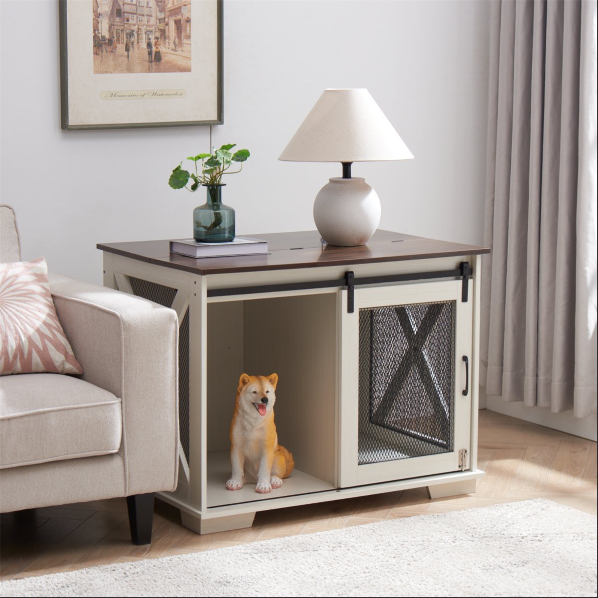 Dog Crate Furniture Farmhouse Sliding Barn Door Kennel End Table - Detail Angle 5 | Majestic Pet Kingdom