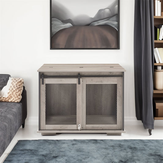 Dog Crate Furniture Farmhouse Flip-Top Sliding Barn Door Table - Main Feature View | Majestic Pet Kingdom