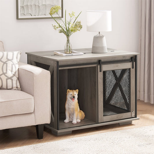 Dog Crate Furniture Farmhouse Flip-Top Sliding Barn Door Table - Detail Angle 2 | Majestic Pet Kingdom