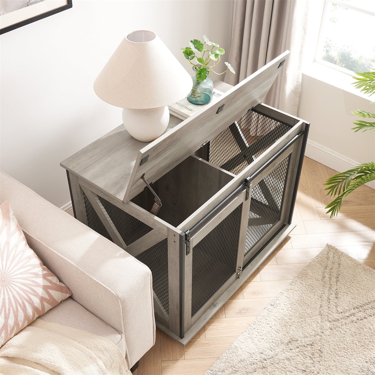 Dog Crate Furniture Farmhouse Flip-Top Sliding Barn Door Table - Detail Angle 3 | Majestic Pet Kingdom