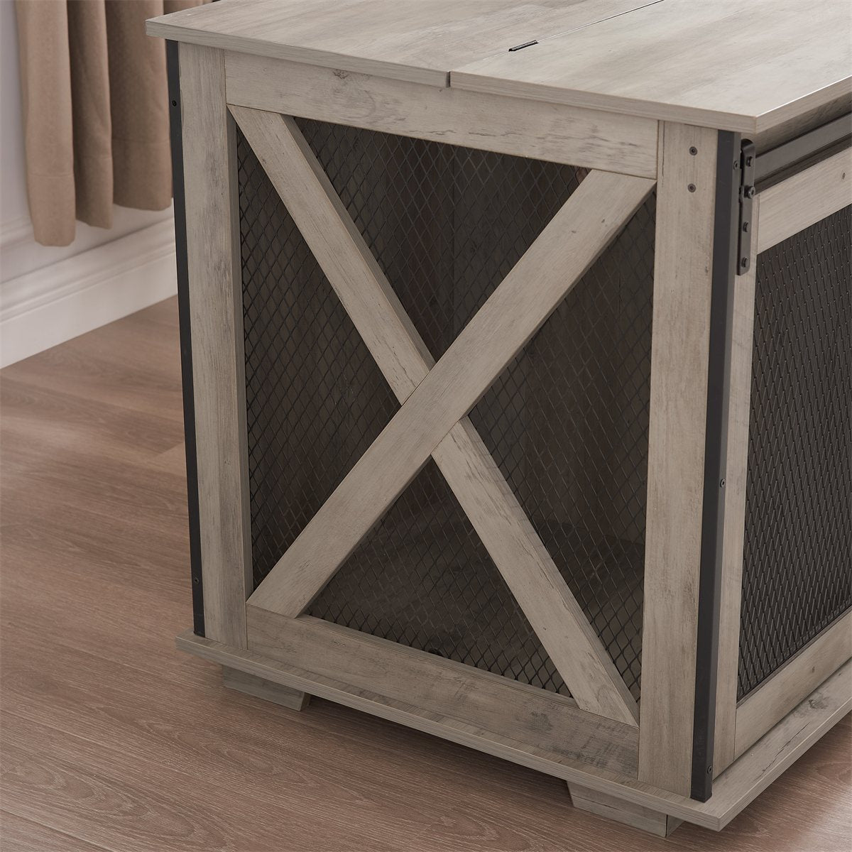 Dog Crate Furniture Farmhouse Flip-Top Sliding Barn Door Table - Detail Angle 4 | Majestic Pet Kingdom