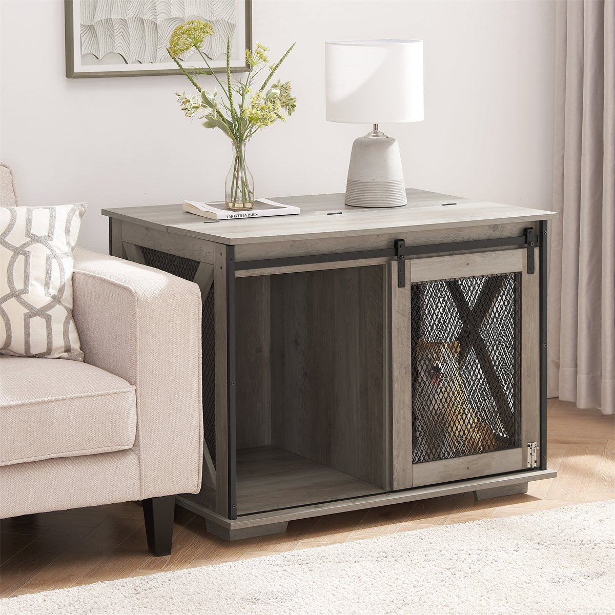 Dog Crate Furniture Farmhouse Flip-Top Sliding Barn Door Table - Detail Angle 5 | Majestic Pet Kingdom