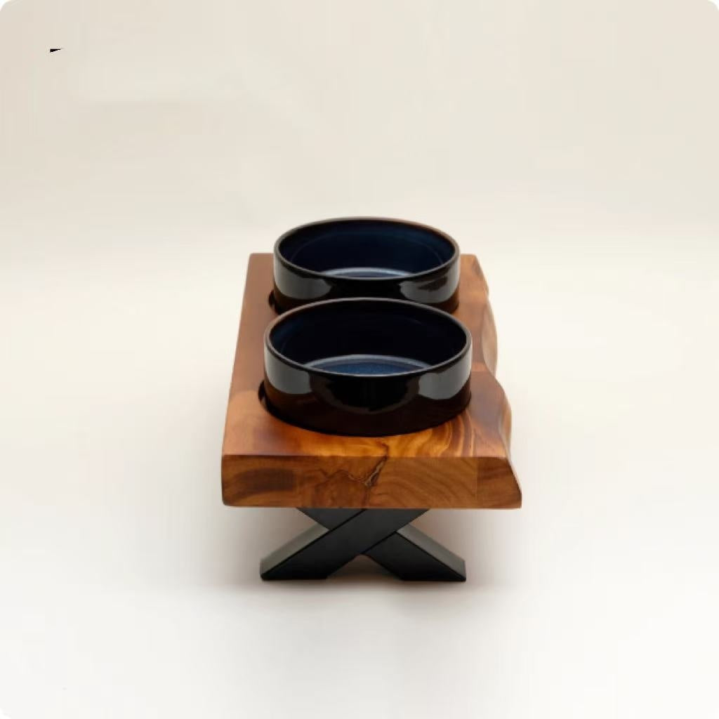 Dog Bowls Ceramic Food Water Dishes with Anti-Tumble Wood Stand - Detail Angle 2 | Majestic Pet Kingdom