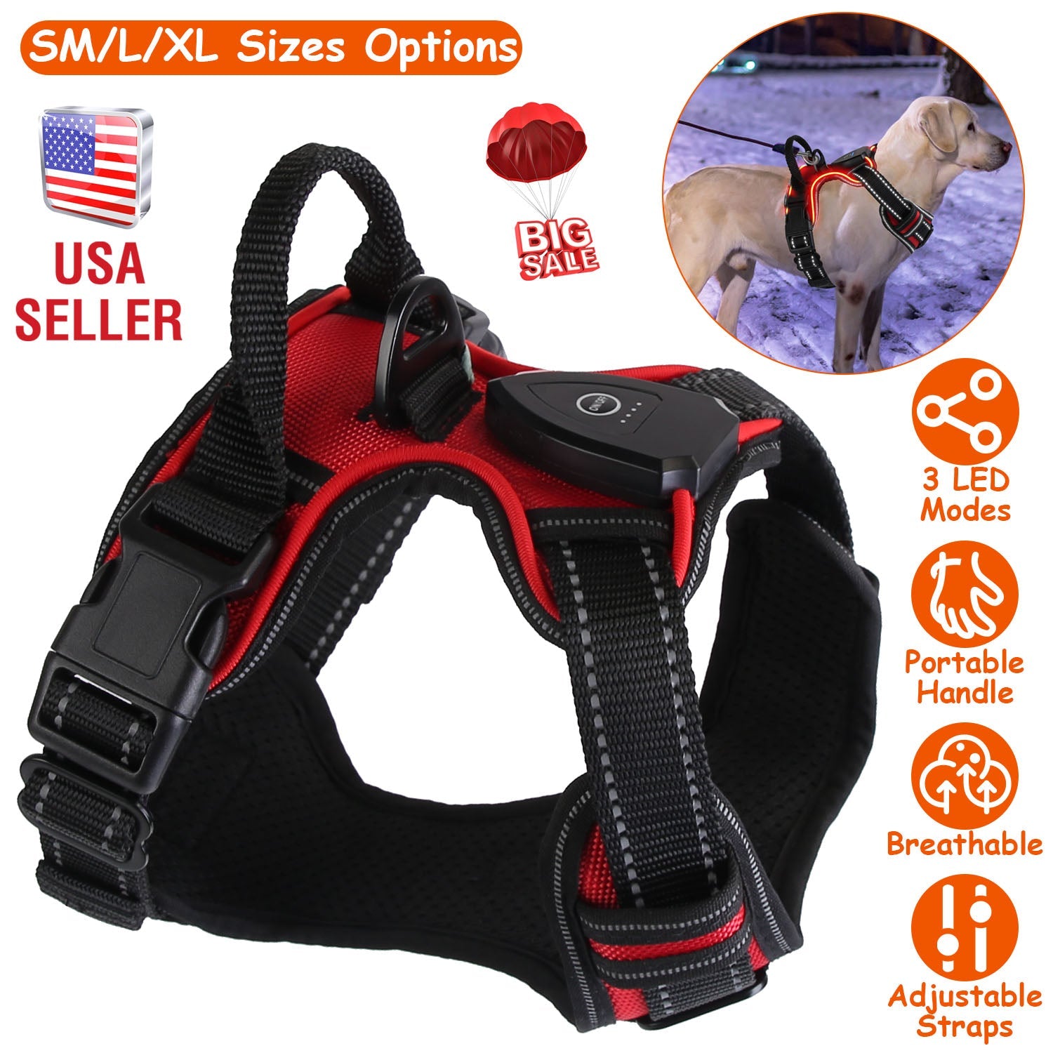 Light Up Dog Harness Rechargeable LED Dog Harness No Pull Lighted Dog Vest with Handle for Small/Medium/Large Dogs | Purrfect Pet Kingdom