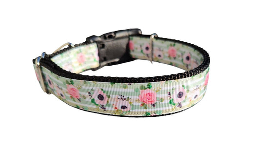Dog Collar Flowers on Mint Stripes Botanical Floral Print Nylon