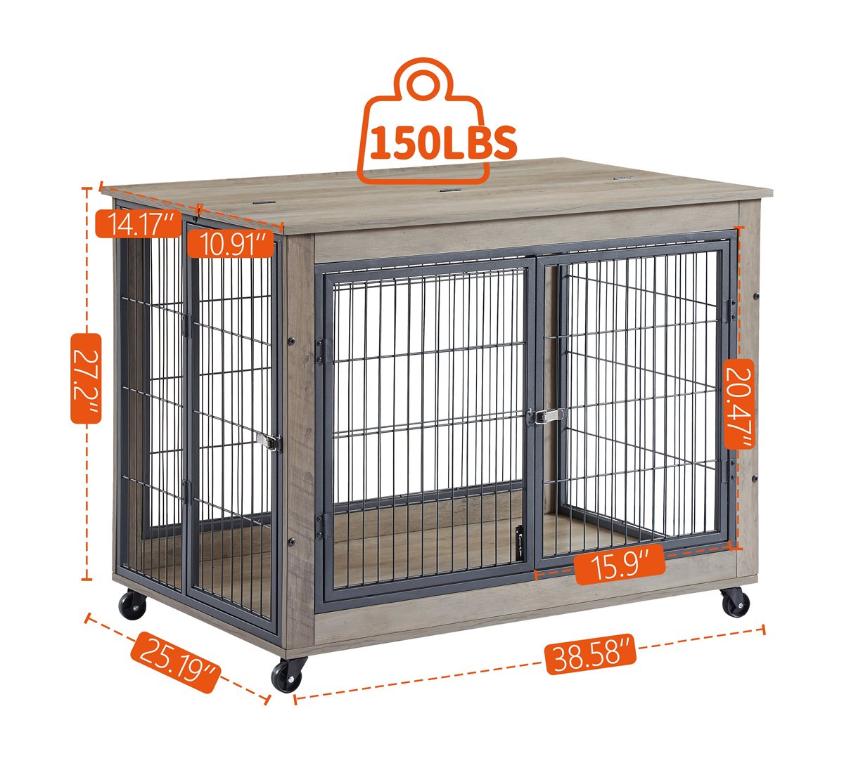 Dog Crate Furniture 38.5in Rolling Table Double Door Lift-Top - Detail Angle 6 | Majestic Pet Kingdom