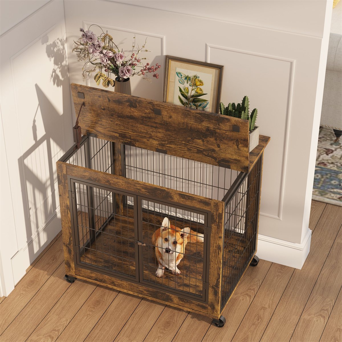 Dog Crate Furniture 31.5in Rolling End Table Lift-Top Brown - Detail Angle 4 | Majestic Pet Kingdom