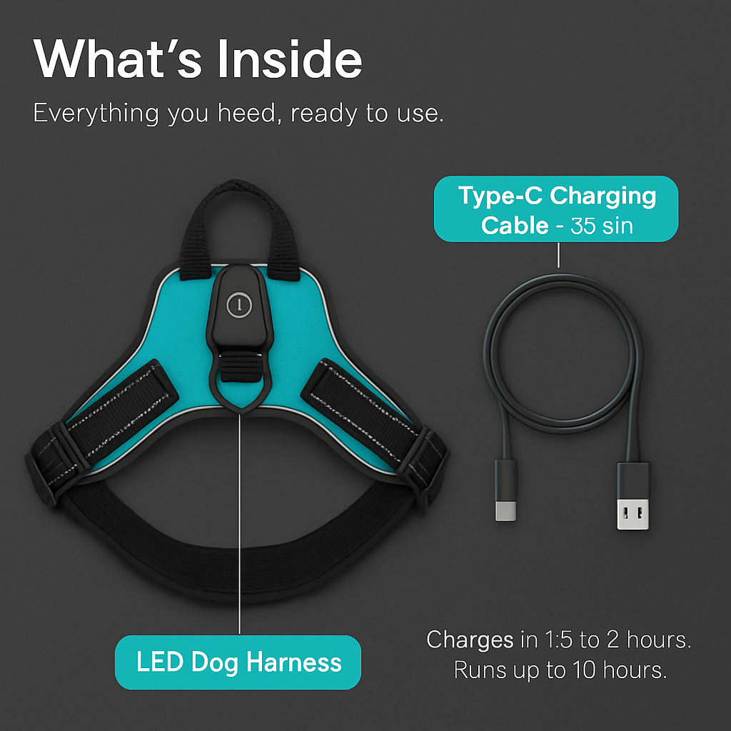Light Up Dog Harness with Rechargeable LED Lights and Handle