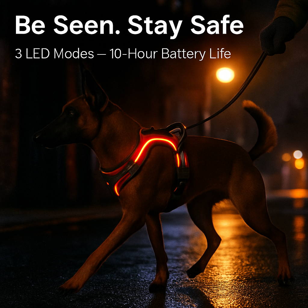 Light Up Dog Harness with Rechargeable LED Lights and Handle