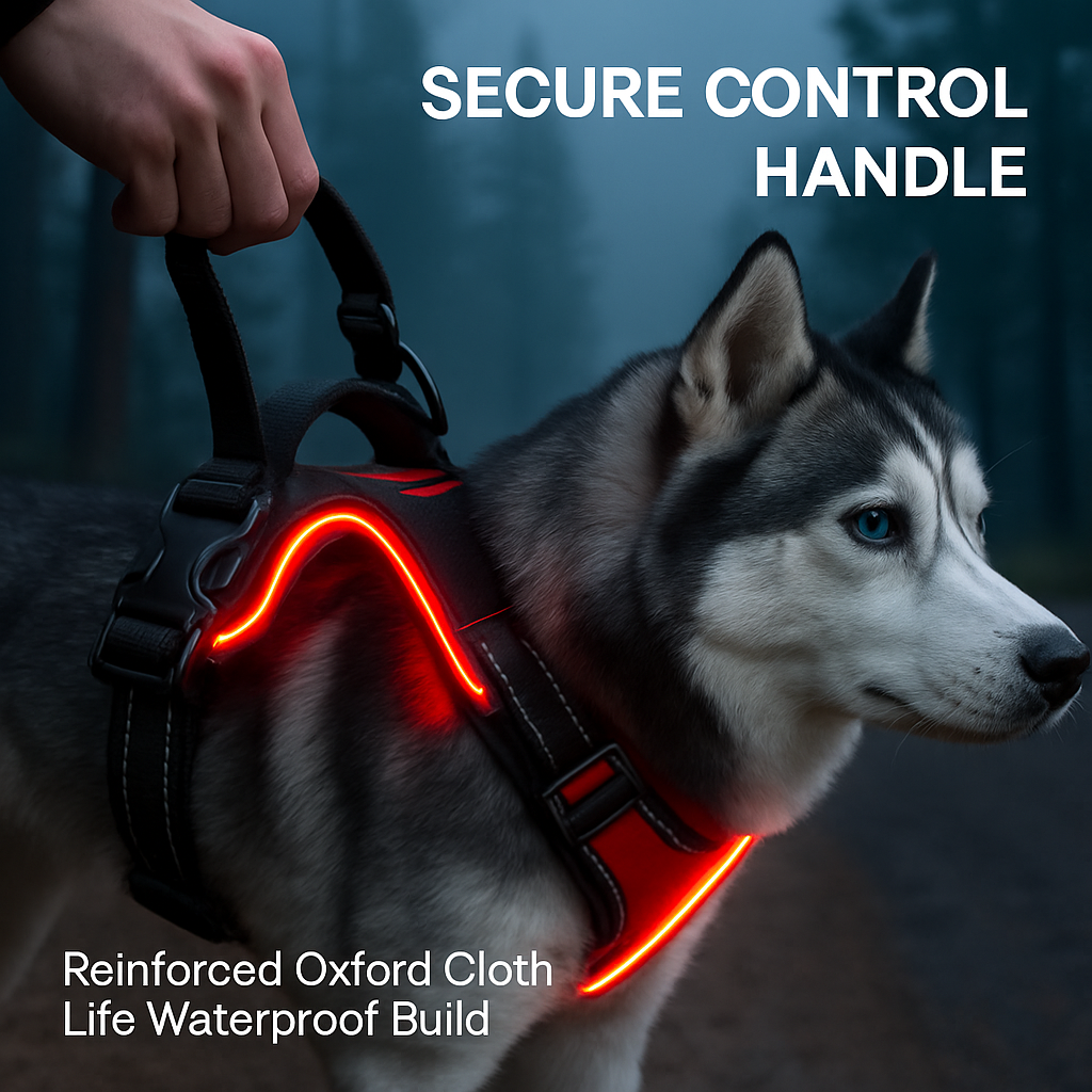Light Up Dog Harness with Rechargeable LED Lights and Handle