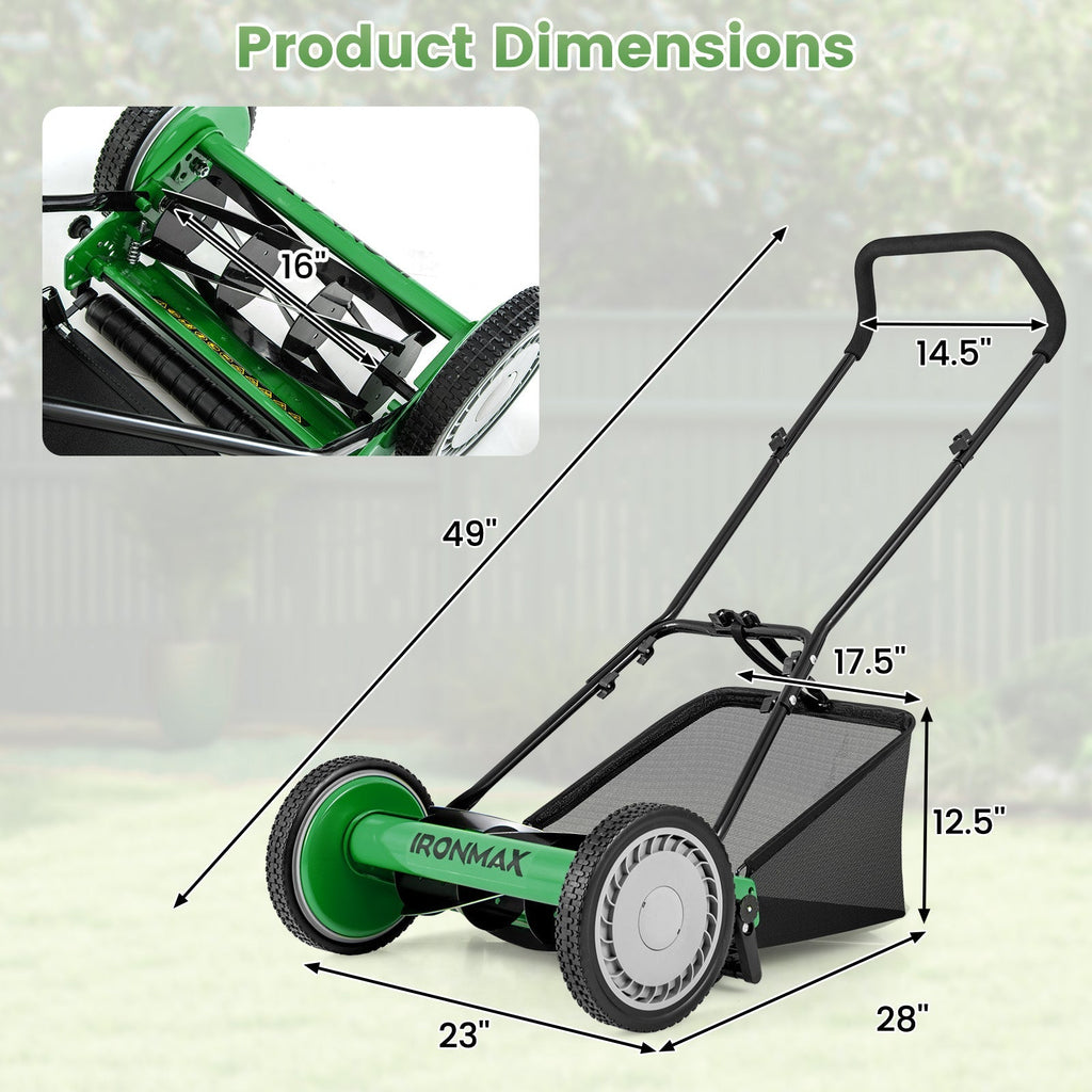 16 Inch Push Lawn Mower with 5 Steel Blades and Grass Catcher Bag
