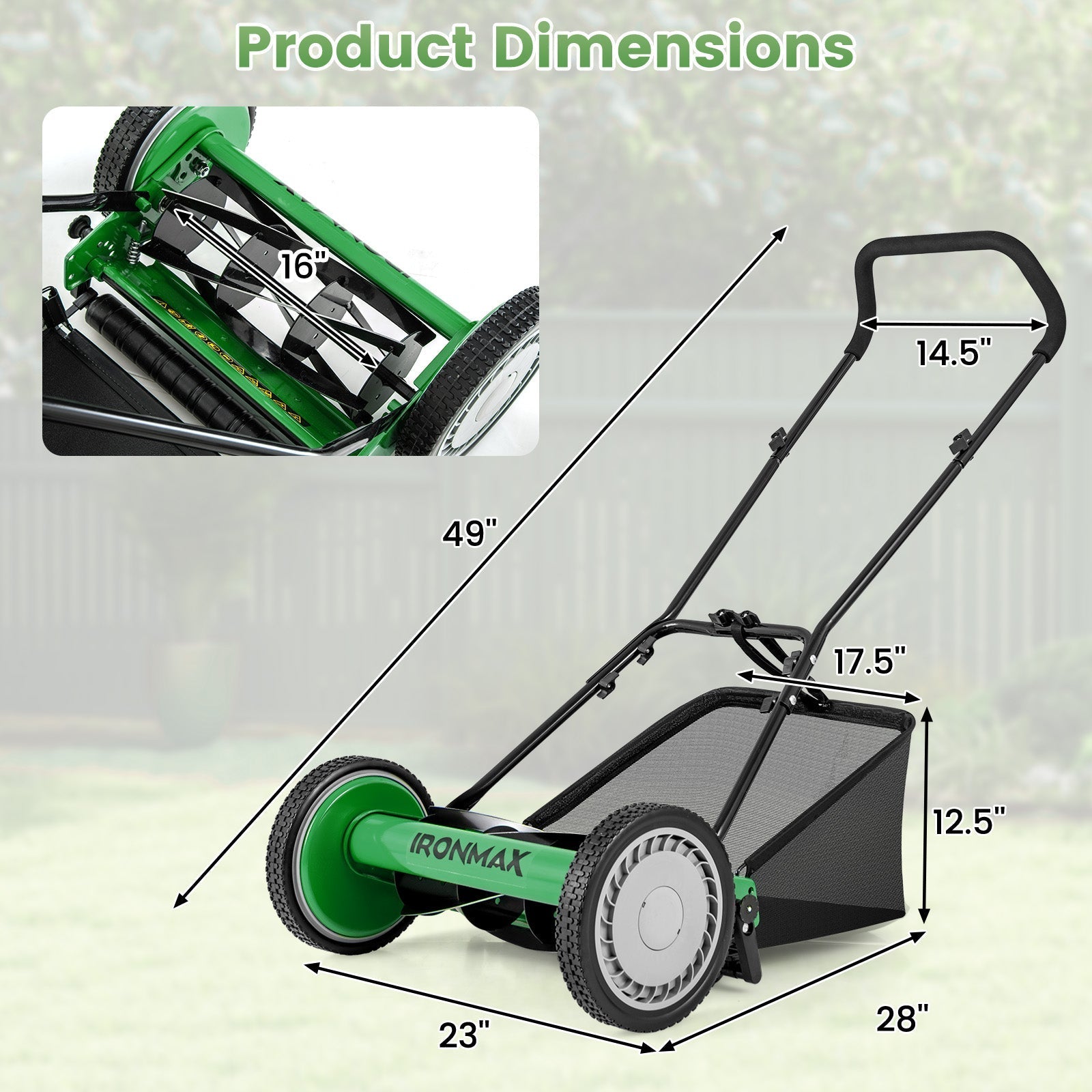 16 Inch Push Lawn Mower with 5 Steel Blades and Grass Catcher Bag