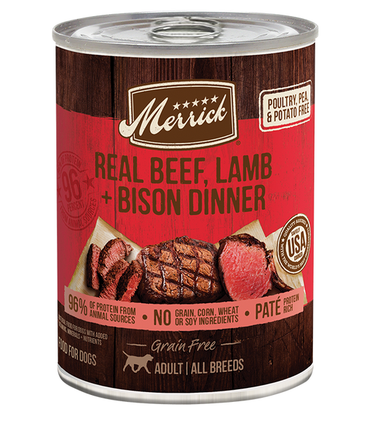Merrick Grain Free Real Beef, Lamb and Bison Wet Dog Food (12.7oz) - Majestic Pet Kingdom