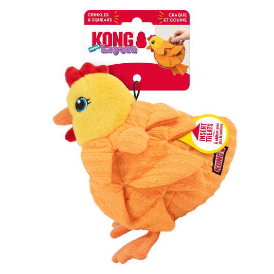 Dog Plush Toy KONG Layerz Hen Multi-Texture Squeaky Pet Play - Main Feature View | Majestic Pet Kingdom