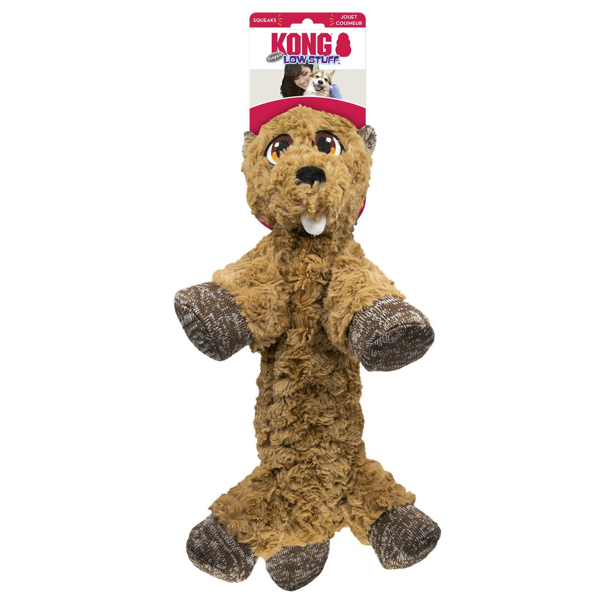 Dog Plush Toy KONG Low Stuff Flopzie Beaver Squeaky Play - Detail Angle 4 | Majestic Pet Kingdom
