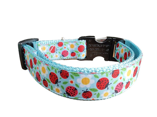 Dog Collar Ladybugs and Daisies Light Blue Floral Garden Nylon