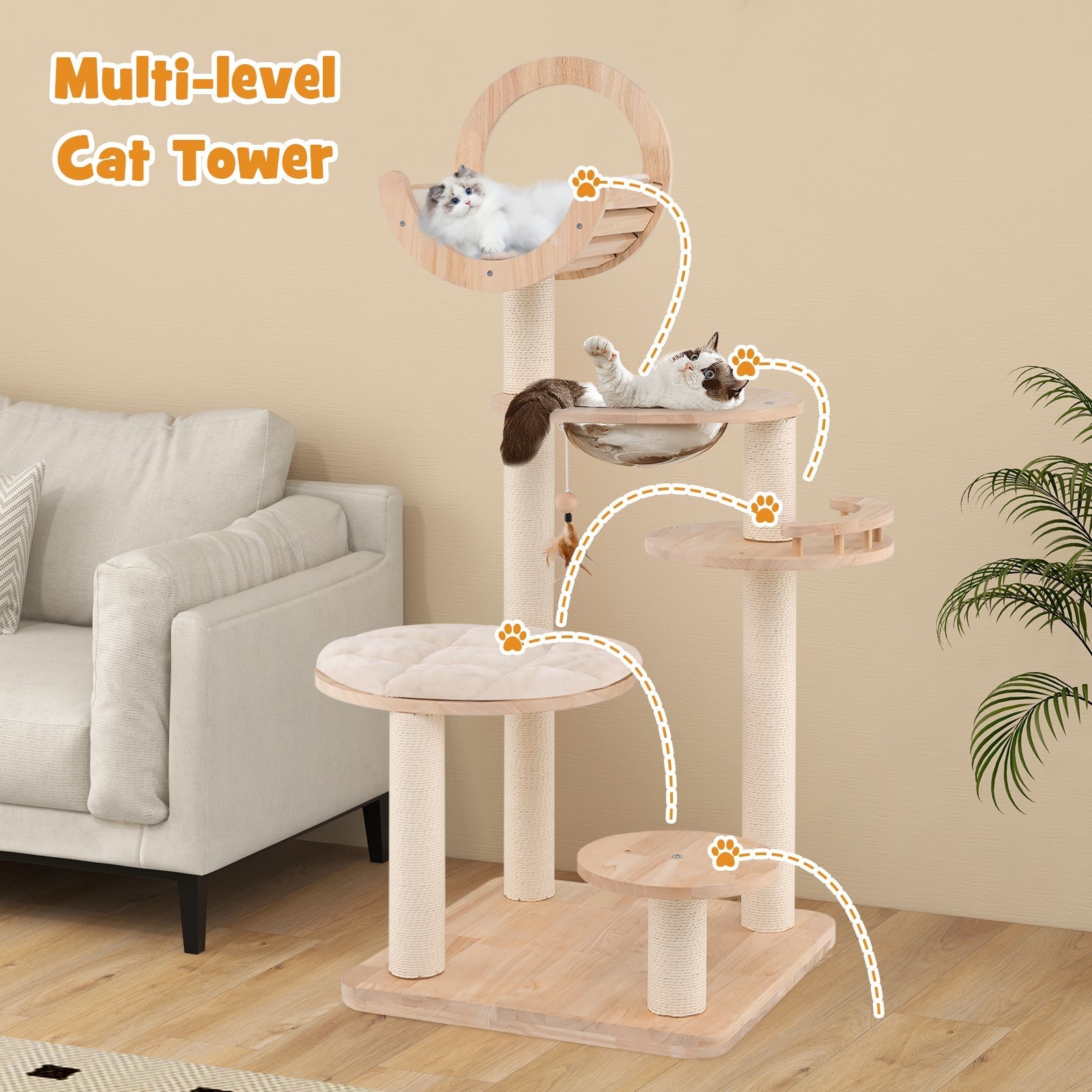 4-in-1 Large Wooden Cat Tower with Space Capsule Nest for Indoor Cats - Majestic Pet Kingdom