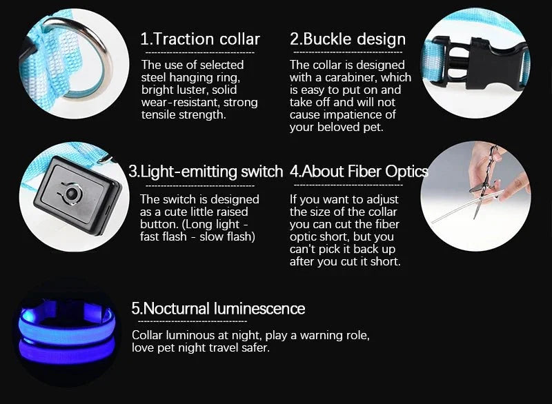 LED Dog Collar | Nylon Light-Up Safety Collar with Reflective Glow and 3 Flashing Modes
