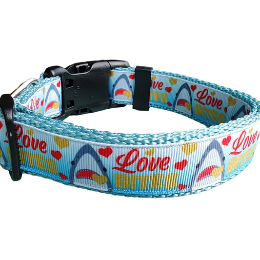 Dog Collar Love Bite Sharks Light Blue Ocean Predator Nylon Strap