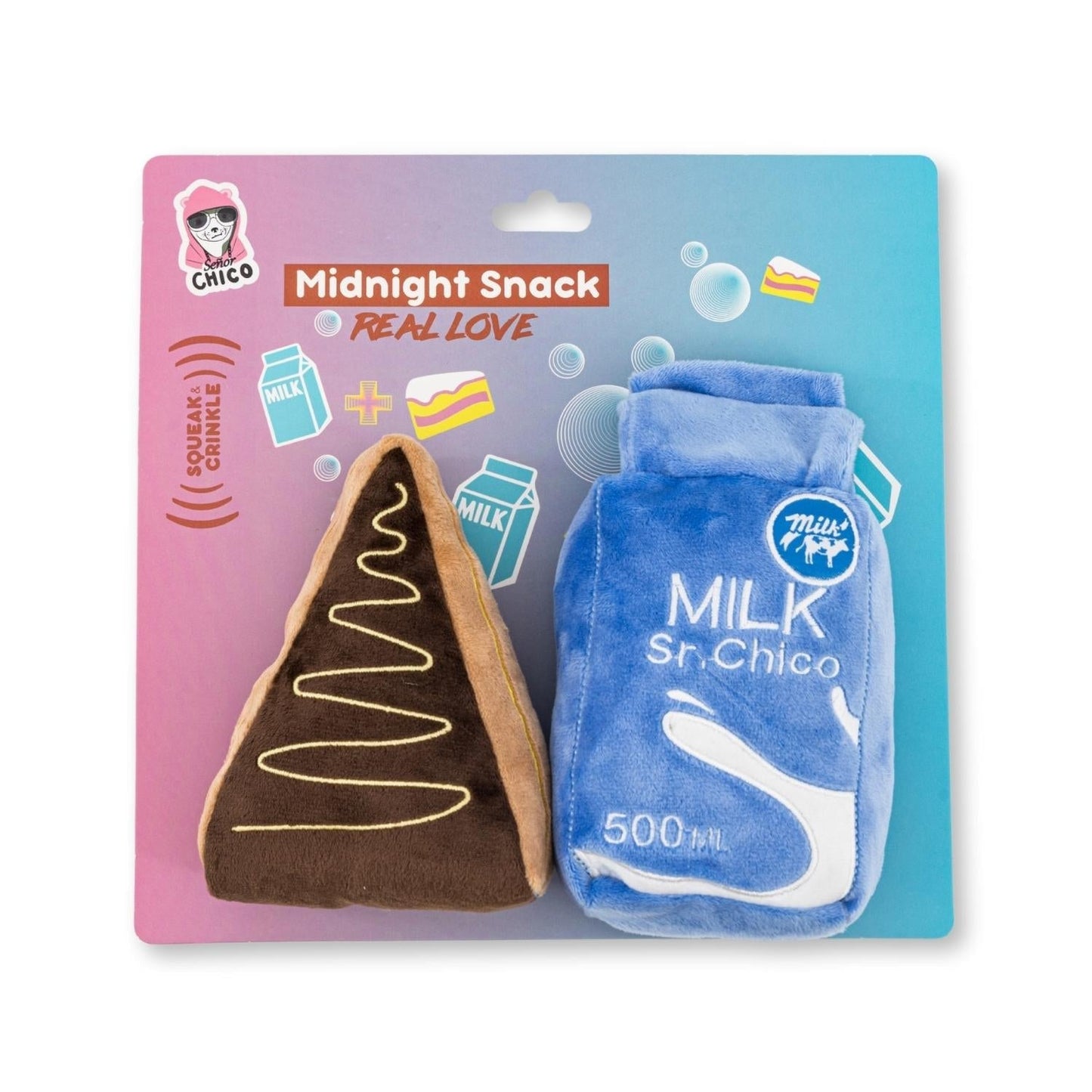 Dog Plush Toy Set Cake Slice and Milk Squeaker Crinkle 2pk