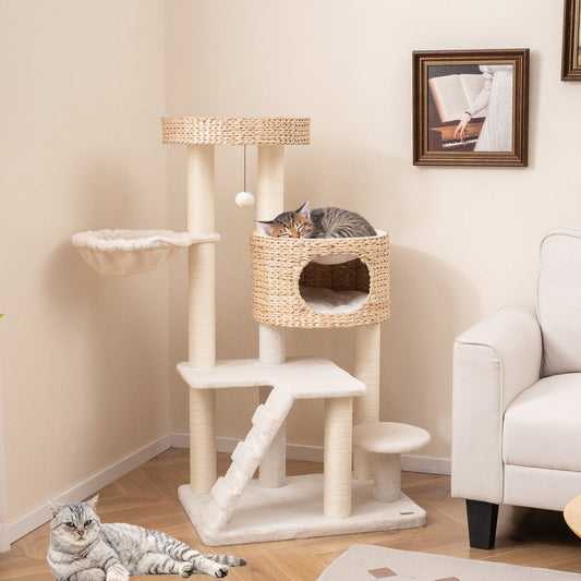 Modern Cat Tree for Indoor Cats with Cattail Fluff Condo and Top Perch-Natural - Majestic Pet Kingdom