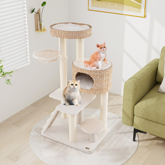Modern Cat Tree for Indoor Cats with Cattail Fluff Condo and Top Perch-Natural - Majestic Pet Kingdom