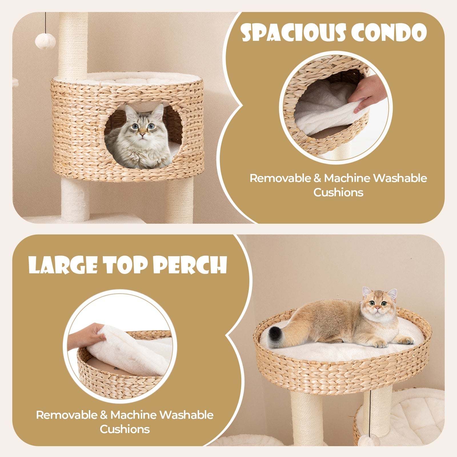 Modern Cat Tree for Indoor Cats with Cattail Fluff Condo and Top Perch-Natural - Majestic Pet Kingdom