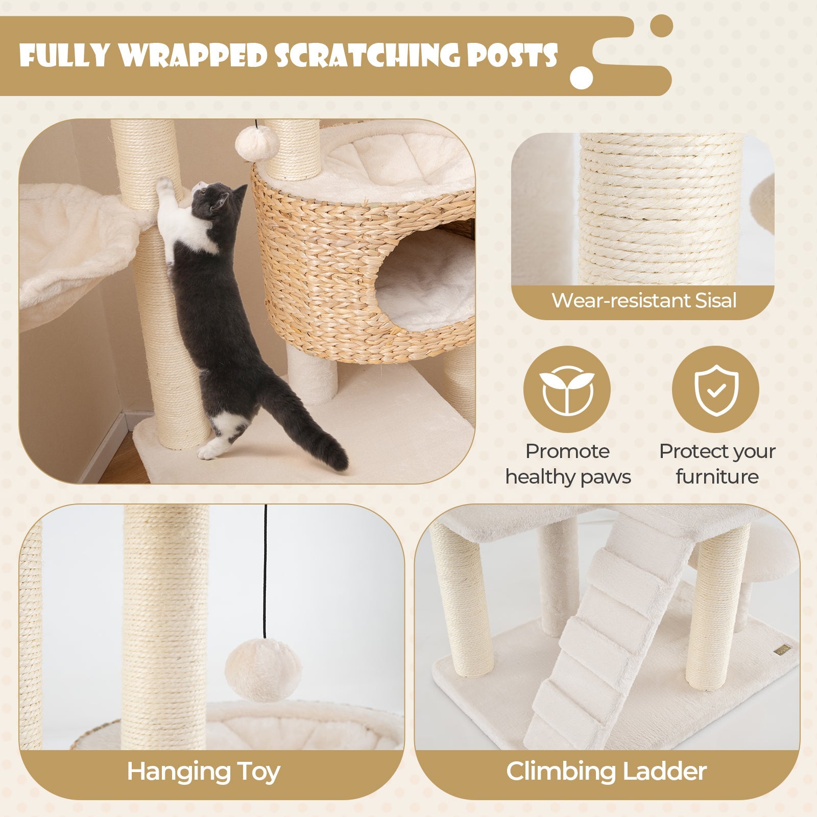 Modern Cat Tree for Indoor Cats with Cattail Fluff Condo and Top Perch-Natural - Majestic Pet Kingdom
