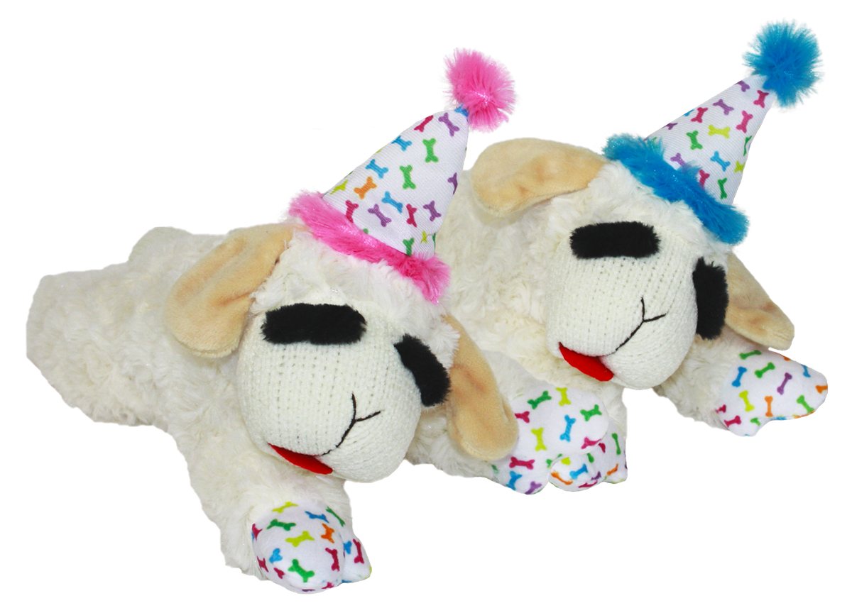 Dog Plush Toy Multipet Lamb Chop Birthday Hat Squeaker 4in - Main Feature View | Majestic Pet Kingdom