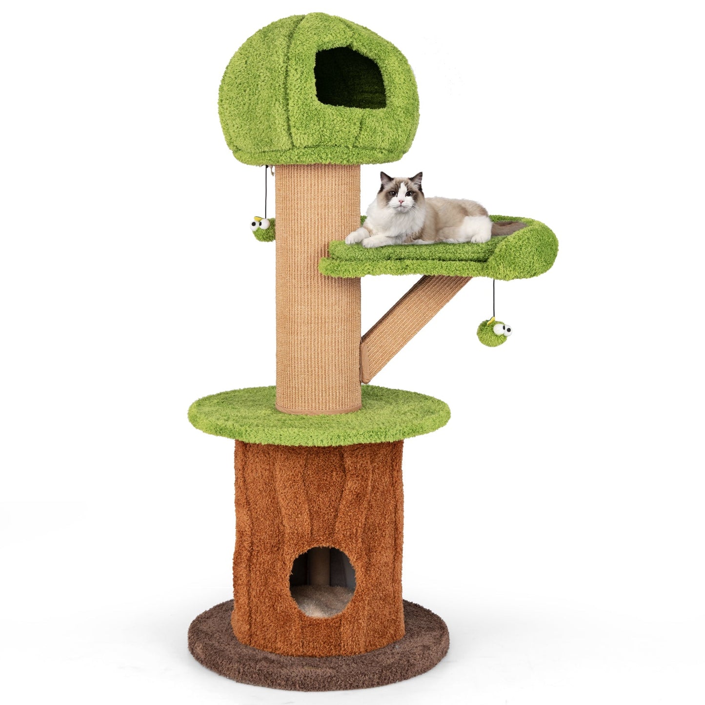 Cat Tree Mushroom Multi-Level Tower 2 Condos Plush Perch Green - Detail Angle 3 | Majestic Pet Kingdom