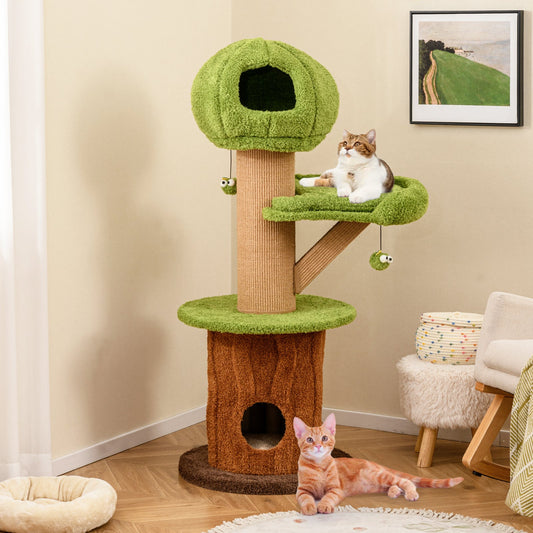 Mushroom Cat Tree for Indoor Cats with 2 Cute Condos Plush Perch and Teasing Balls-Green | Purrfect Pet Kingdom