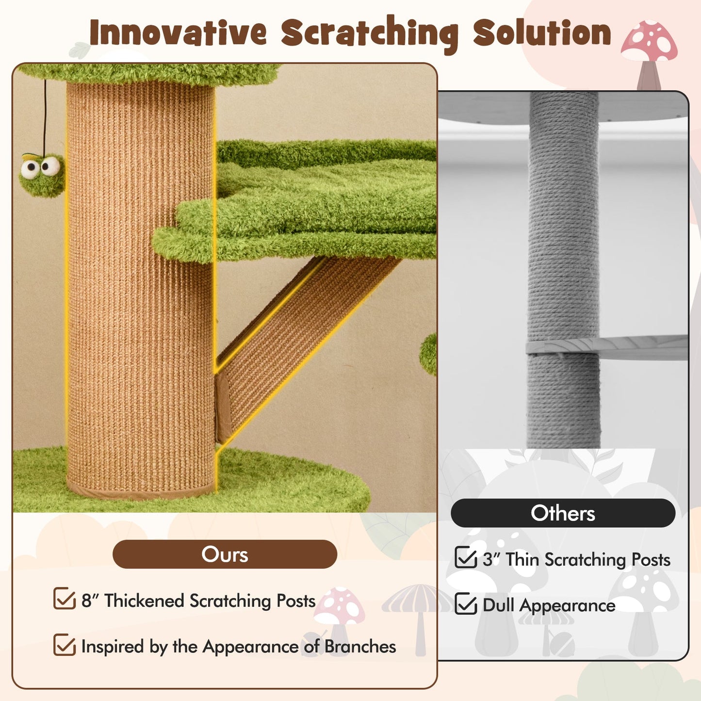 Cat Tree Mushroom Multi-Level Tower 2 Condos Plush Perch Green - Detail Angle 7 | Majestic Pet Kingdom