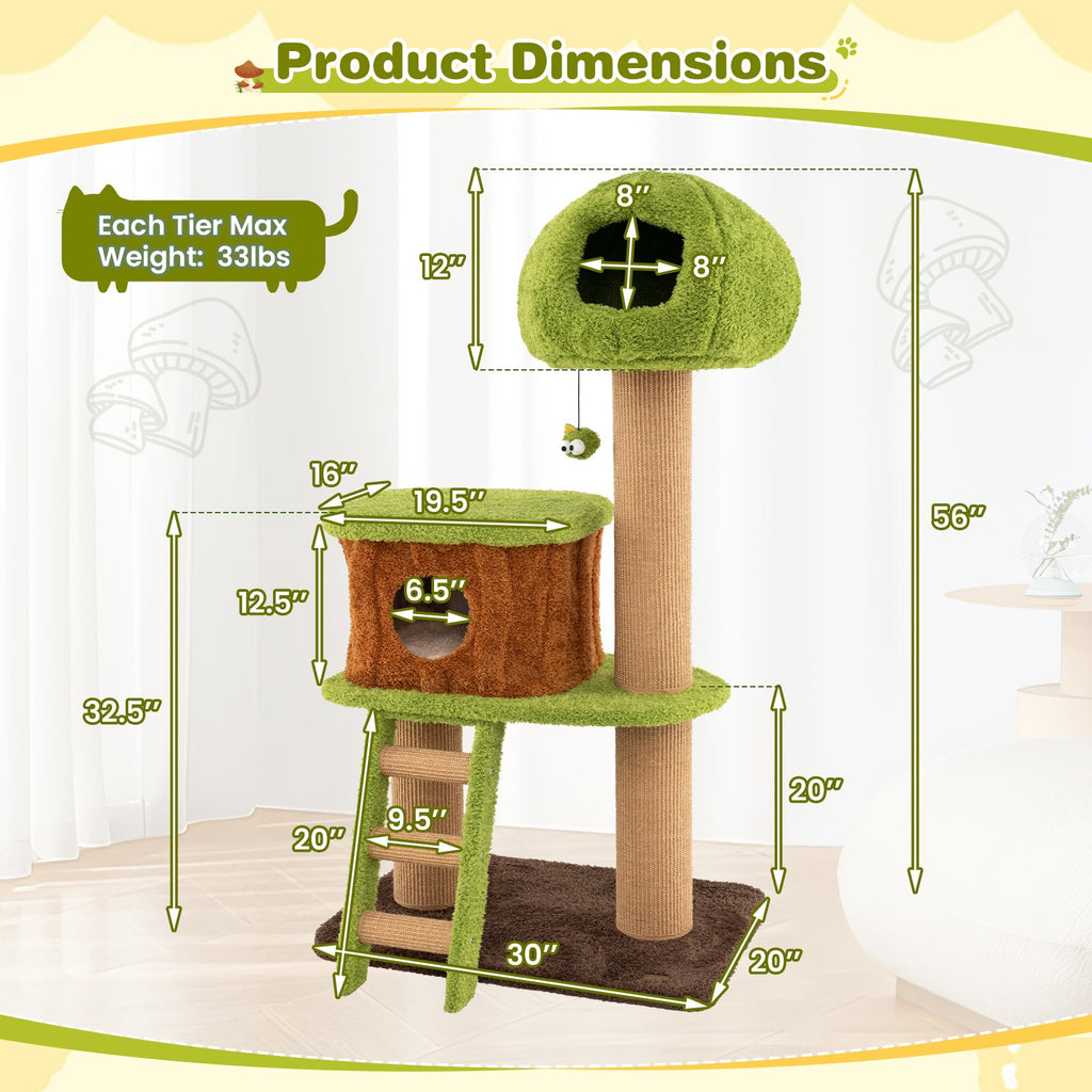 Cute Cat Tree for Indoor Cats with Mushroom-shaped Nest Condo and Climbing Ladder-Green - Majestic Pet Kingdom