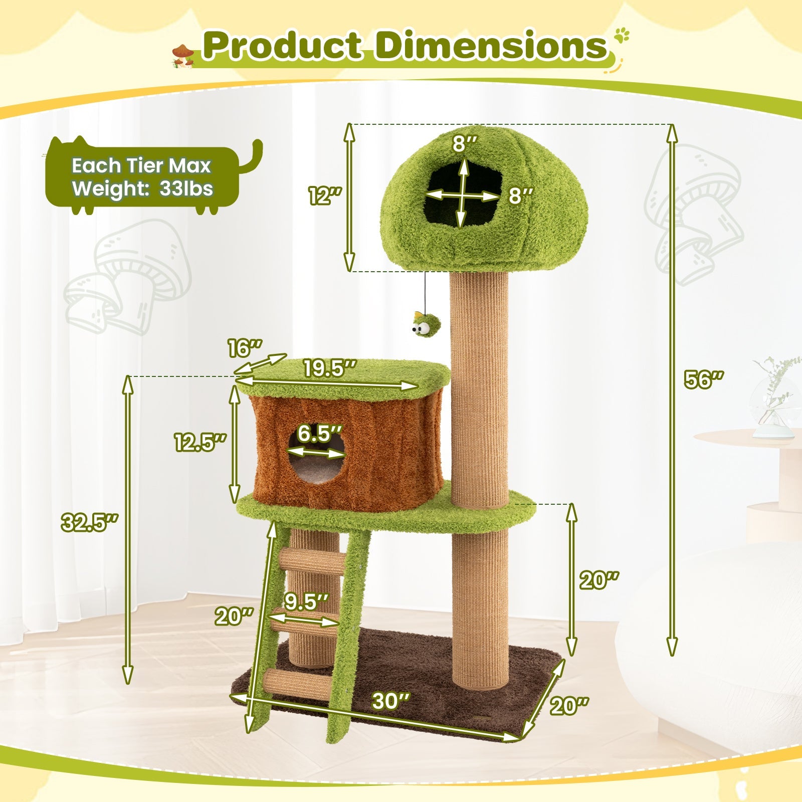 Cute Cat Tree for Indoor Cats with Mushroom-shaped Nest Condo and Climbing Ladder-Green - Majestic Pet Kingdom